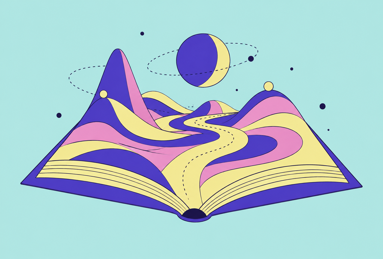 An open book becoming a colorful landscape, with a winding path into ideas.